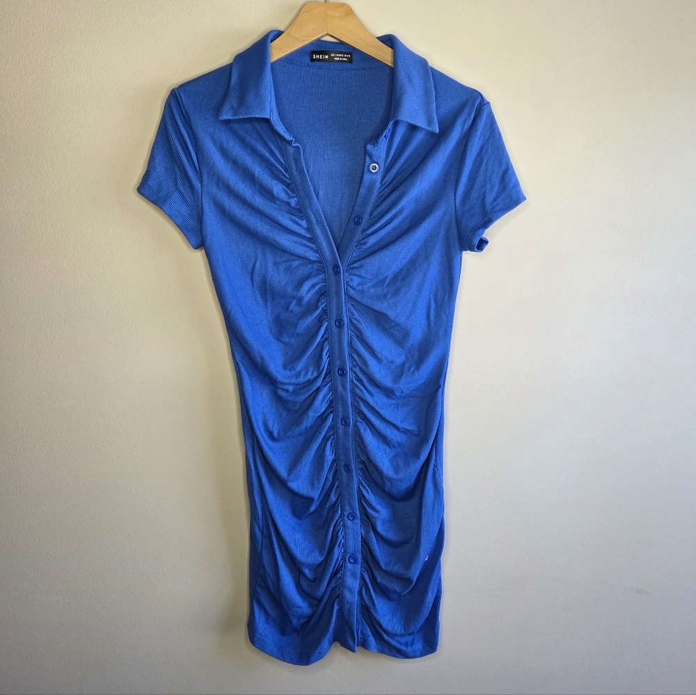 Shein Blue Ribbed Ruched Bodycon Button Front Short Sleeve Collared Dress Large